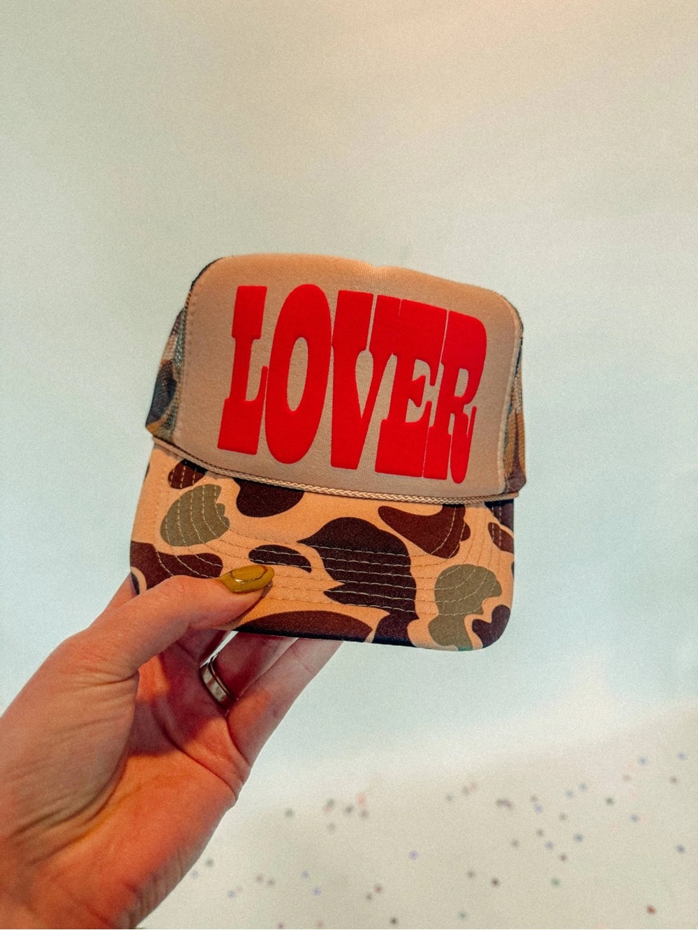 Kids Camo 'LOVER' Trucker Hat - Red Lettering